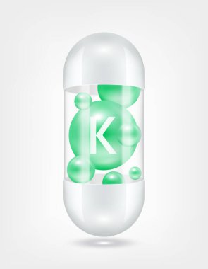 K vitamini, kapsül hapının içinde şeffaf beyaz. Sağlık hizmetlerinin güzelleşmesi serbest radikalleri nötralize eder. Beslenme ürünleri için besin şablonu tasarımında kullanılır. 3D Gerçekçi Vektör EPS10.