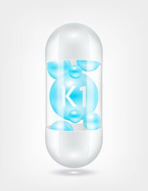 Vitamin K1 mavi kapsül hapı şeffaf beyaz. Sağlık hizmetlerinin güzelleşmesi serbest radikalleri nötralize eder. Beslenme ürünleri için besin şablonu tasarımında kullanılır. 3D Gerçekçi Vektör EPS10.