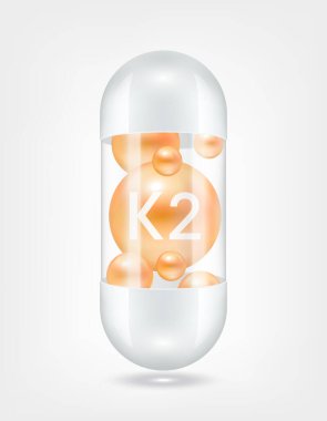 Vitamin K2 portakalı kapsül hapının içinde şeffaf beyaz. Sağlık hizmetlerinin güzelleşmesi serbest radikalleri nötralize eder. Beslenme ürünleri için besin şablonu tasarımında kullanılır. 3D Gerçekçi Vektör EPS10.