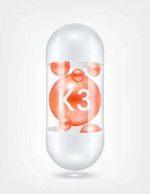 Vitamin K3 portakalı kapsül hapının içinde şeffaf beyaz. Sağlık hizmetlerinin güzelleşmesi serbest radikalleri nötralize eder. Beslenme ürünleri için besin şablonu tasarımında kullanılır. 3D Gerçekçi Vektör EPS10.