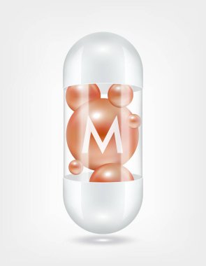 M vitamini kahverengi kapsül hapı şeffaf beyaz. Sağlık hizmetlerinin güzelleşmesi serbest radikalleri nötralize eder. Beslenme ürünleri için besin şablonu tasarımında kullanılır. 3D Gerçekçi Vektör EPS10.