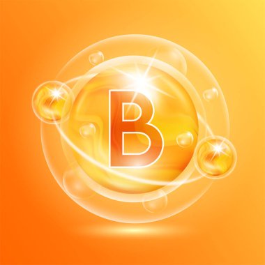 B vitamini portakal. Haplar karmaşık vitaminler ve kabarcık kolajen serumu kimyasal formülü. Güzellik tedavisi, beslenme, cilt bakımı. Tıbbi ve bilimsel kavramlar. 3B Vektör EPS10.