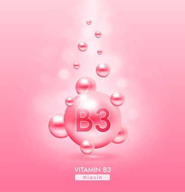 B3 vitamini pembe top yere düştü. Kimyasal formüllü serum vitaminleri. Güzellik tedavisi, beslenme, cilt bakımı. Tıbbi ve bilimsel kavramlar. 3D Gerçekçi Vektör EPS10.