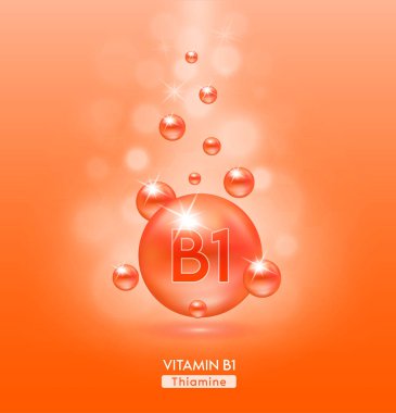 B1 vitamini portakal topu zemin serumu vitamin kompleksine düşer. Güzellik tedavisi, beslenme, cilt bakımı. Tıbbi ve bilimsel kavramlar. 3D Gerçekçi Vektör EPS10.