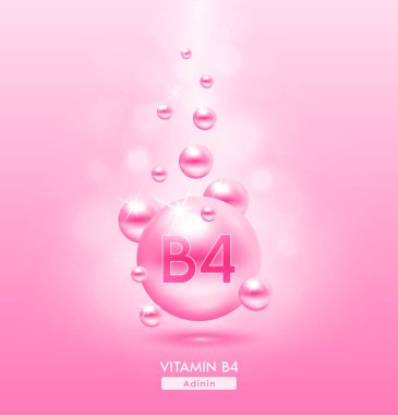 B4 vitamini pembe top yere düştü. Kimyasal formüllü serum vitaminleri. Güzellik tedavisi, beslenme, cilt bakımı. Tıbbi ve bilimsel kavramlar. 3D Gerçekçi Vektör EPS10.