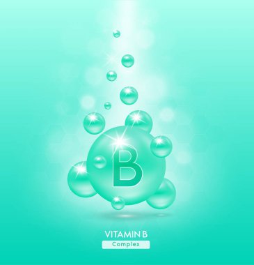 B vitamini yeşil top yere düştü. Kimyasal formüllü serum vitaminleri. Güzellik tedavisi, beslenme, cilt bakımı. Tıbbi ve bilimsel kavramlar. 3D Gerçekçi Vektör EPS10.