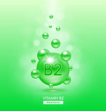 B2 vitamini yeşil top yere düştü. Kimyasal formüllü serum vitaminleri. Güzellik tedavisi, beslenme, cilt bakımı. Tıbbi ve bilimsel kavramlar. 3D Gerçekçi Vektör EPS10.