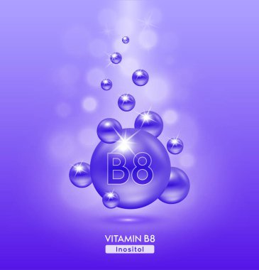 B8 vitamini mor top yere düştü. Kimyasal formüllü serum vitaminleri. Güzellik tedavisi, beslenme, cilt bakımı. Tıbbi ve bilimsel kavramlar. 3D Gerçekçi Vektör EPS10.