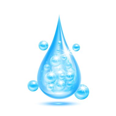 Beyaz arka planda izole edilmiş vitamin kolajeni serumu ya da özü. Kabarcıklarla parlayan karmaşık çözüm mavi. Güzellik tedavisi, beslenme, cilt bakımı. Tıbbi bilimsel kavramlar. 3B vektör.