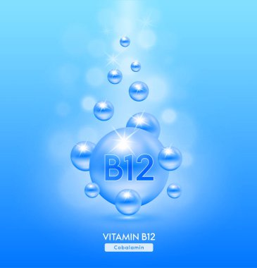 B12 vitamini mavi top yere düştü. Kimyasal formüllü serum vitaminleri. Güzellik tedavisi, beslenme, cilt bakımı. Tıbbi ve bilimsel kavramlar. 3D Gerçekçi Vektör EPS10.