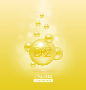 D2 vitamini sarı top zemin serum vitamin kompleksine düşer. Güzellik tedavisi, beslenme, cilt bakımı. Tıbbi ve bilimsel kavramlar. 3D Gerçekçi Vektör EPS10.
