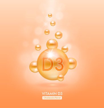 D3 vitamini turuncu top zemin serum vitamin kompleksine düşer. Güzellik tedavisi, beslenme, cilt bakımı. Tıbbi ve bilimsel kavramlar. 3D Gerçekçi Vektör EPS10.