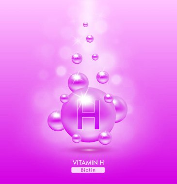 H vitamini mor top yere düştü. Kimyasal formüllü serum vitaminleri. Güzellik tedavisi, beslenme, cilt bakımı. Tıbbi ve bilimsel kavramlar. 3D Gerçekçi Vektör EPS10.
