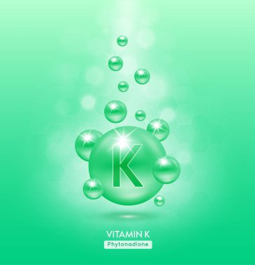 K vitamini yeşil top yere düştü. Kimyasal formüllü serum vitaminleri. Güzellik tedavisi, beslenme, cilt bakımı. Tıbbi ve bilimsel kavramlar. 3D Gerçekçi Vektör EPS10.