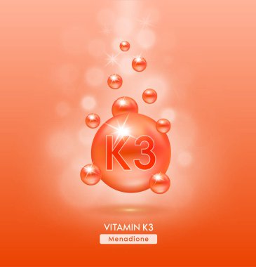 K3 vitamini turuncu top zemin serum vitamin kompleksine düşer. Güzellik tedavisi, beslenme, cilt bakımı. Tıbbi ve bilimsel kavramlar. 3D Gerçekçi Vektör EPS10.