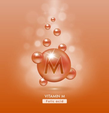 M vitamini kahverengi top zemin serumu vitamin kompleksine düşer. Güzellik tedavisi, beslenme, cilt bakımı. Tıbbi ve bilimsel kavramlar. 3D Gerçekçi Vektör EPS10.