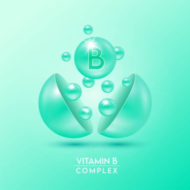 B vitamini kompleksi ve yeşil arka planda izole edilmiş mineraller kapsülden dışarı süzülür. Eczane reklamı ve paket tasarımı için diyet takviyesi. Vektör EPS10.