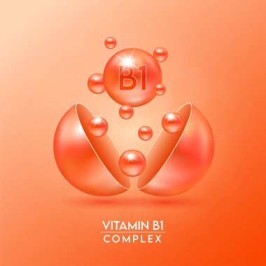 B1 vitamini kompleksi ve turuncu arka planda izole edilmiş mineraller kapsülden dışarı süzülür. Eczane reklamı ve paket tasarımı için diyet takviyesi. Vektör EPS10.