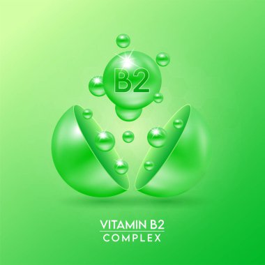 B2 vitamini kompleksi ve yeşil arka planda izole edilmiş mineraller kapsülden dışarı süzülür. Eczane reklamı ve paket tasarımı için diyet takviyesi. Vektör EPS10.