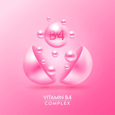 B4 vitamini kompleksi ve pembe arka planda izole edilmiş mineraller kapsülden dışarı süzülür. Eczane reklamı ve paket tasarımı için diyet takviyesi. Vektör EPS10.