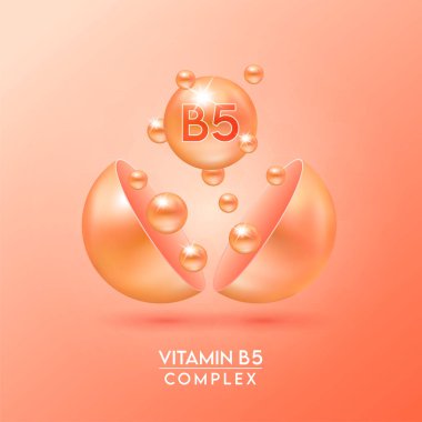 B5 vitamini kompleksi ve turuncu arka planda izole edilmiş mineraller kapsülden dışarı süzülür. Eczane reklamı ve paket tasarımı için diyet takviyesi. Vektör EPS10.