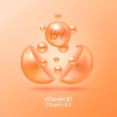 B7 vitamini kompleksi ve turuncu arka planda izole edilmiş mineraller kapsülden dışarı süzülür. Eczane reklamı ve paket tasarımı için diyet takviyesi. Vektör EPS10.
