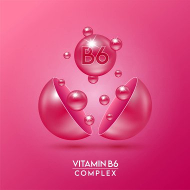 B6 vitamini kompleksi ve mor arka planda izole edilmiş mineraller kapsülden dışarı süzülür. Eczane reklamı ve paket tasarımı için diyet takviyesi. Vektör EPS10.