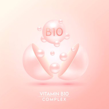 B10 vitamini kompleksi ve mineraller kapsülden krem arka planda izole bir şekilde süzülür. Eczane reklamı ve paket tasarımı için diyet takviyesi. Vektör EPS10.