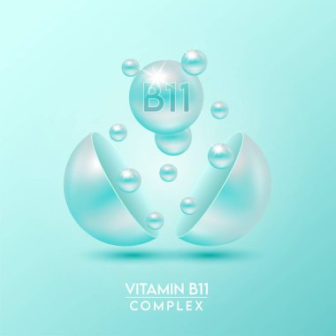 B11 vitamini kompleksi ve mavi arka planda izole edilmiş kapsülden mineraller yüzer. Eczane reklamı ve paket tasarımı için diyet takviyesi. Vektör EPS10.