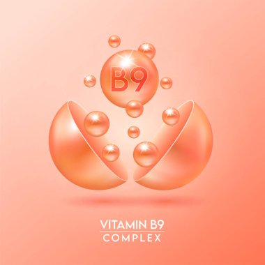 B9 vitamini kompleksi ve turuncu arka planda izole edilmiş mineraller kapsülden dışarı süzülür. Eczane reklamı ve paket tasarımı için diyet takviyesi. Vektör EPS10.
