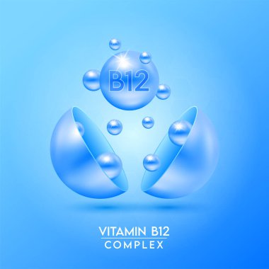B12 vitamini kompleksi ve mavi arka planda izole edilmiş kapsülden mineraller yüzer. Eczane reklamı ve paket tasarımı için diyet takviyesi. Vektör EPS10.