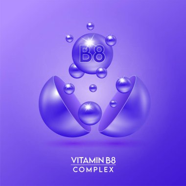 B8 vitamini kompleksi ve mor arka planda izole edilmiş mineraller kapsülden dışarı süzülür. Eczane reklamı ve paket tasarımı için diyet takviyesi. Vektör EPS10.
