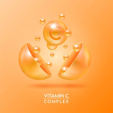 C vitamini kompleksi ve mineraller turuncu arka planda izole bir şekilde kapsülden dışarı süzülür. Eczane reklamı ve paket tasarımı için diyet takviyesi. Vektör EPS10.