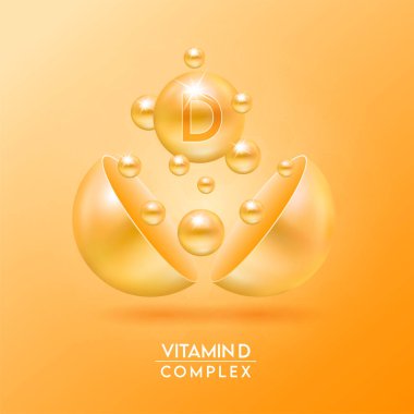 D vitamini kompleksi ve Mineraller turuncu arka planda izole edilmiş kapsülden yüzerler. Eczane reklamı ve paket tasarımı için diyet takviyesi. Vektör EPS10.