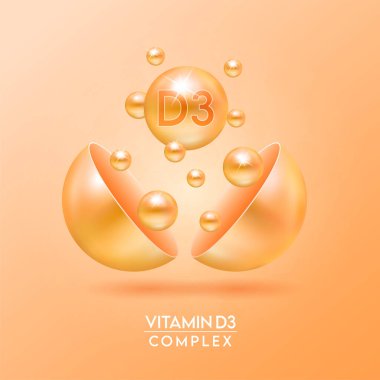 D3 vitamini kompleksi ve turuncu arka planda izole edilmiş mineraller kapsülden dışarı süzülür. Eczane reklamı ve paket tasarımı için diyet takviyesi. Vektör EPS10.