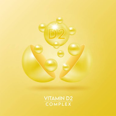 D2 vitamini kompleksi ve sarı arka planda izole edilmiş mineraller kapsülden dışarı süzülür. Eczane reklamı ve paket tasarımı için diyet takviyesi. Vektör EPS10.