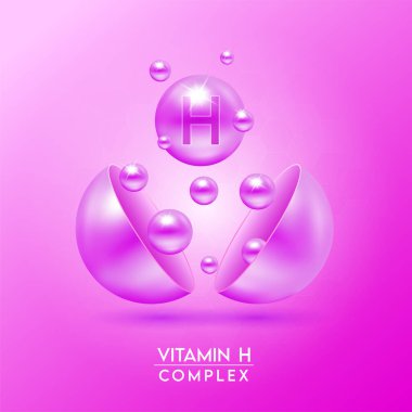H vitamini kompleksi ve mor arka planda izole edilmiş mineraller kapsülden dışarı süzülür. Eczane reklamı ve paket tasarımı için diyet takviyesi. Vektör EPS10.