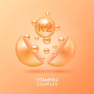 K2 vitamini kompleksi ve Mineraller turuncu arka planda izole edilmiş kapsülden yüzerler. Eczane reklamı ve paket tasarımı için diyet takviyesi. Vektör EPS10.