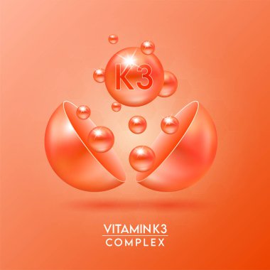 K3 vitamini kompleksi ve Mineraller turuncu arka planda izole edilmiş kapsülden yüzerler. Eczane reklamı ve paket tasarımı için diyet takviyesi. Vektör EPS10.