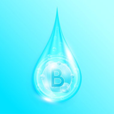 Serum damlası B vitamini mavi. Kolajen oksijen baloncuklu karmaşık mineral sıvısı. Cilt bakımı kozmetik çözüm tasarımı. Güzel tıbbi kavramlar. 3D Gerçekçi Vektör EPS10.