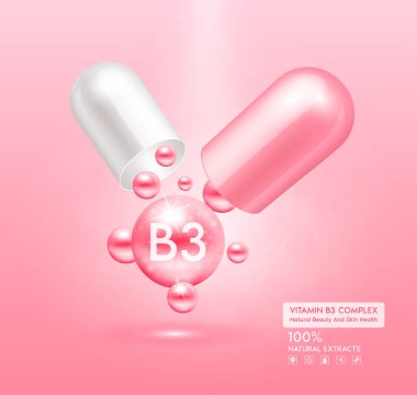 B3 vitamini pembe kapsül. Kompleks kolajen cilt bakımı. Sağlık takviyesi, yaşlanmaya karşı. Kozmetik güzellik ürünü tasarımı. Pembe arka planda 3 boyutlu gerçekçi. Vektör EPS10.