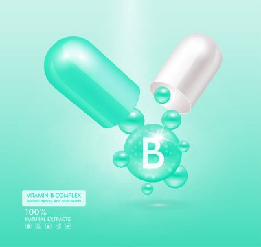 B vitamini yeşil kapsül. Kompleks kolajen cilt bakımı. Sağlık takviyesi, yaşlanmaya karşı. Kozmetik güzellik ürünü tasarımı. Pembe arka planda 3 boyutlu gerçekçi. Vektör EPS10.