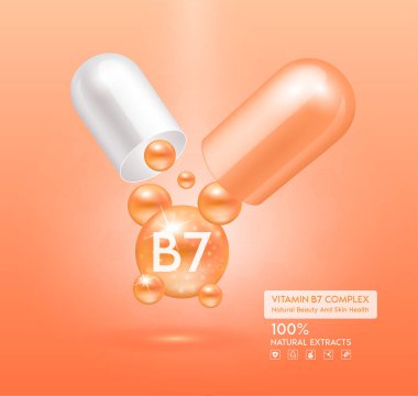 B7 vitamini portakal kapsülü. Kompleks kolajen cilt bakımı. Sağlık takviyesi, yaşlanmaya karşı. Kozmetik güzellik ürünü tasarımı. Pembe arka planda 3 boyutlu gerçekçi. Vektör EPS10.