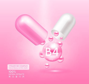 B4 vitamini pembe kapsül. Kompleks kolajen cilt bakımı. Sağlık takviyesi, yaşlanmaya karşı. Kozmetik güzellik ürünü tasarımı. Pembe arka planda 3 boyutlu gerçekçi. Vektör EPS10.