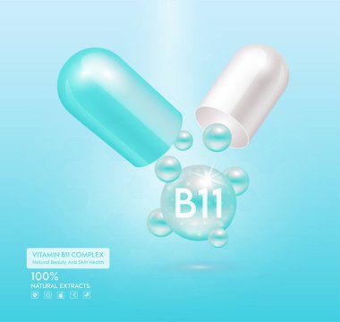 B11 vitamini yeşil kapsülü. Kompleks kolajen cilt bakımı. Sağlık takviyesi, yaşlanmaya karşı. Kozmetik güzellik ürünü tasarımı. Pembe arka planda 3 boyutlu gerçekçi. Vektör EPS10.