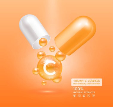 C vitamini turuncu kapsül. Kompleks kolajen cilt bakımı. Sağlık takviyesi, yaşlanmaya karşı. Kozmetik güzellik ürünü tasarımı. Pembe arka planda 3 boyutlu gerçekçi. Vektör EPS10.