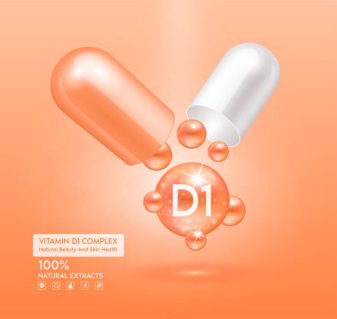 D1 vitamini portakal kapsülü. Kompleks kolajen cilt bakımı. Sağlık takviyesi, yaşlanmaya karşı. Kozmetik güzellik ürünü tasarımı. Pembe arka planda 3 boyutlu gerçekçi. Vektör EPS10.