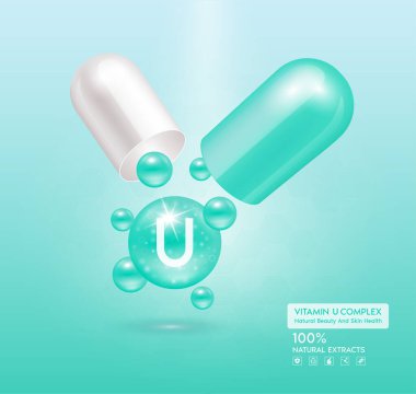 U vitamini yeşil kapsül. Kompleks kolajen cilt bakımı. Sağlık takviyesi, yaşlanmaya karşı. Kozmetik güzellik ürünü tasarımı. Pembe arka planda 3 boyutlu gerçekçi. Vektör EPS10.