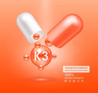 K3 vitamini turuncu kapsül. Kompleks kolajen cilt bakımı. Sağlık takviyesi, yaşlanmaya karşı. Kozmetik güzellik ürünü tasarımı. Pembe arka planda 3 boyutlu gerçekçi. Vektör EPS10.