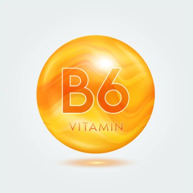 Portakal rengi B6 vitamini. Güzellik besin cildi. Vitamin kompleksi gri arka planda izole edilmiş. Ürün tasarımı için. Tıbbi ve bilimsel kavramlar. Simge 3D Vektör EPS10.